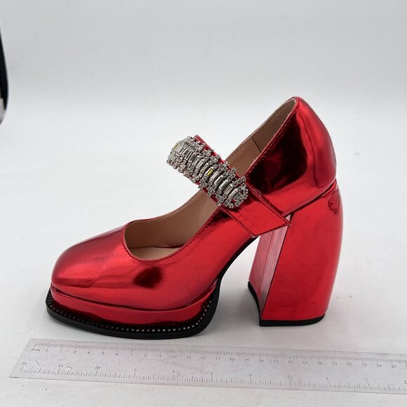 XYD Red Bling Rhinestones Strap Platform Mary Jane Square Toe High Chunky Pumps - Picture 2 of 8